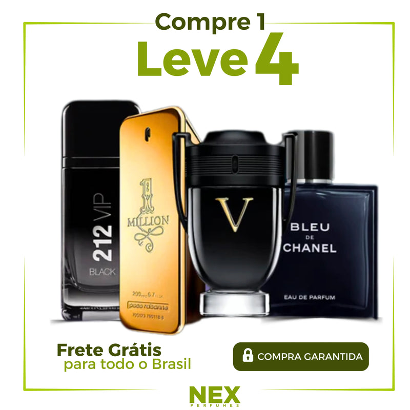 Kit 4 Perfumes Masculinos Importados (100ml cada um) - 1 million | 212 black | Invictus V| Bleu de Chanel