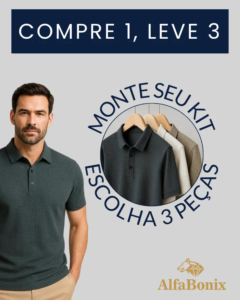 Promoção válida em dezembro: Kit com 3 Camisas Polo Alfa pelo preço de 1